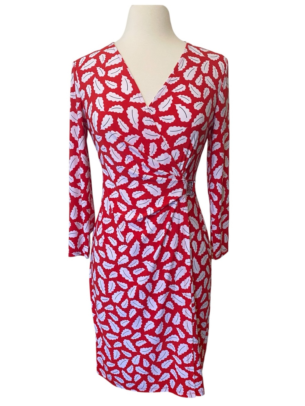 Anne Klein Faux Wrap Red White Leaf Print Dress Women’s Size 4